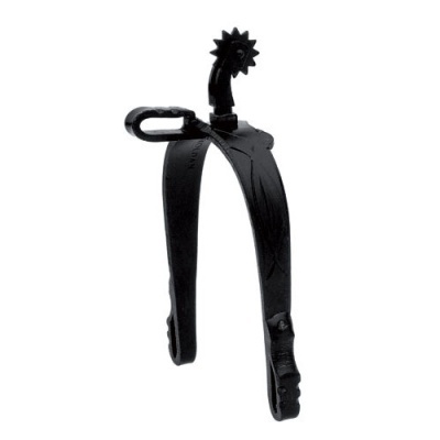 Espora de metal preta com esporão em estrela e argola para fixação