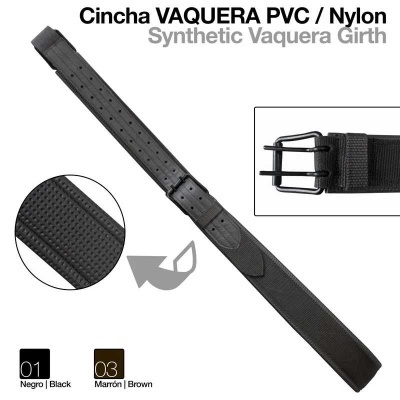 Cincha vaqueira preta em PVC e nylon com fivela metálica preta