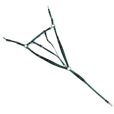 Arnês verde escuro com aros e fechos metálicos sobre fundo branco