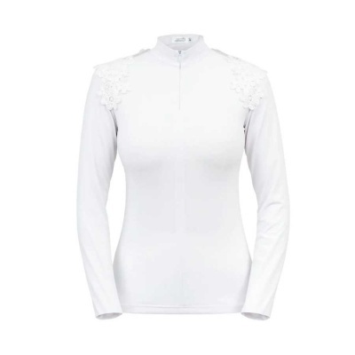 Camisola branca de manga comprida com fecho e renda nos ombros