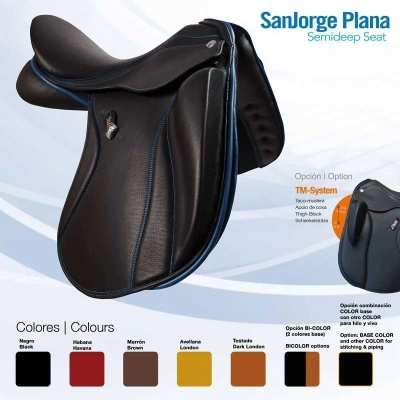 Sela de equitação preta com detalhes em azul e design semiprofundo