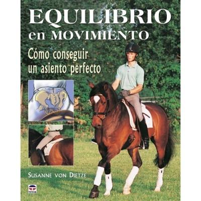 Capa do livro 'EQUILIBRIO en MOVIMIENTO' com cavalo e cavaleiro em campo verde