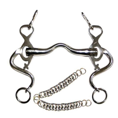 Freio metálico prateado para cavalo com correntes