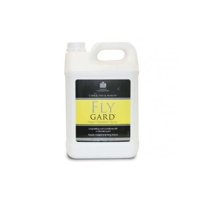 Frasco branco de plástico com rótulo preto e amarelo com texto Fly Gard.