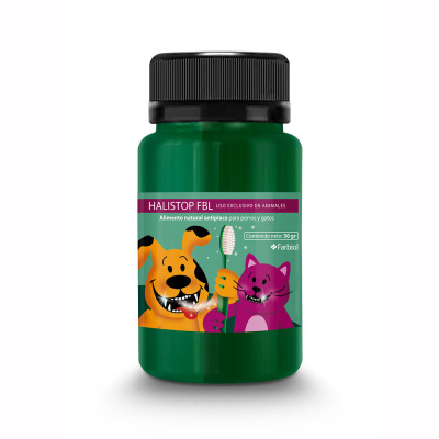 Frasco verde com rótulo de antiplaque para cães e gatos