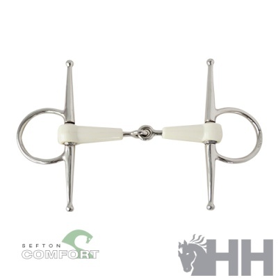 Freio para cavalo em metal prateado com partes brancas e anéis grandes