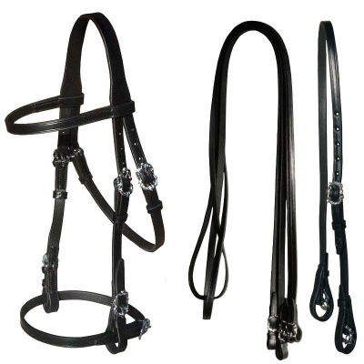 Conjunto de rédeas e cabresto para cavalo em couro preto com fivelas prateadas