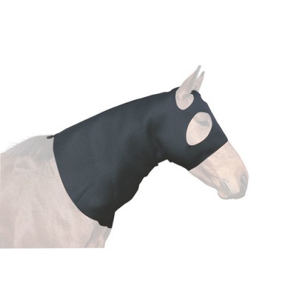 Máscara preta para cavalo cobrindo cabeça e pescoço com aberturas para olhos, orelhas e focinho
