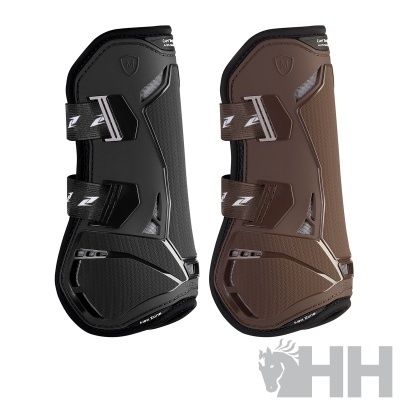Dois protetores de perna para cavalo, preto e castanho, com tiras velcro e logo Z