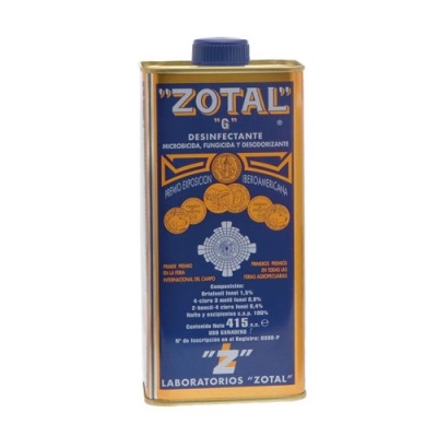 Lata metálica azul com tampa azul e texto amarelo e branco, desinfetante ZOTAL