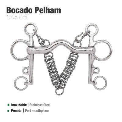 Bocado Pelham em aço inoxidável com molas e argolas, 12,5 cm