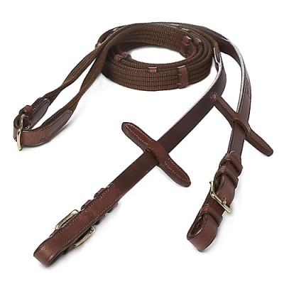 Correia de cavalo em couro castanho com fivelas metálicas douradas e tecido castanho trançado