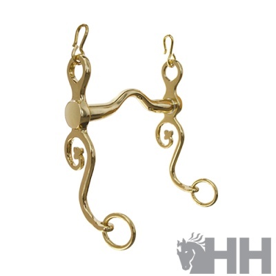 Bridão metálico dourado polido com argolas e detalhes curvos