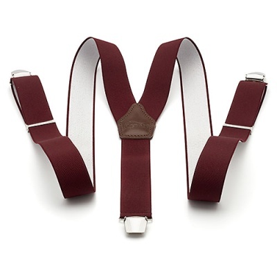 Suspensórios vermelho vinho com presilhas prateadas e detalhe em couro