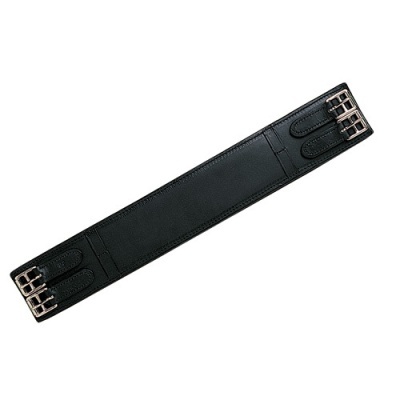 Cinta elástica preta com fivelas metálicas prateadas em fundo branco