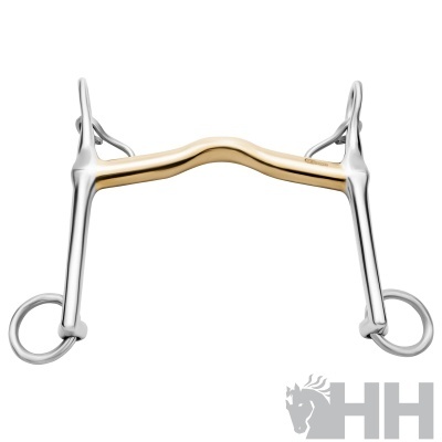 Freno de embocadura em aço inox prateado com peça central dourada