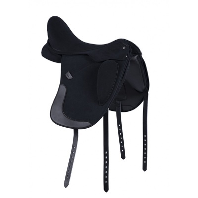 sela de equitação preta com tiras ajustáveis e material sintético