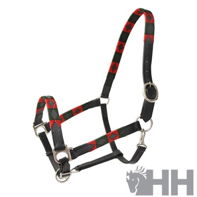 Cabresto em nylon vermelho e verde com tiras pretas e ferragens prateadas