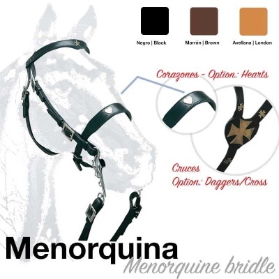Bridão Menorquina de couro com opções de corações ou cruzes, cores Preto, Castanho e Avellana