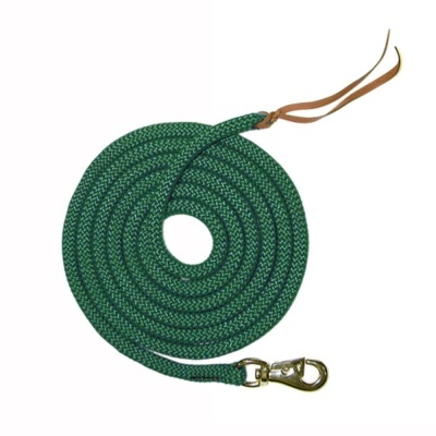 Trela verde trançada com gancho metálico e fita de couro