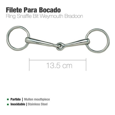 Freio para cavalo em aço inoxidável com anéis e peça partida, 13,5 cm
