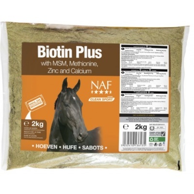 Embalagem Biotin Plus suplemento para cavalos 2kg com rótulo laranja e imagem de cavalo