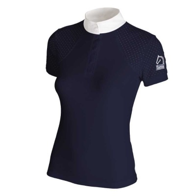 Camisola desportiva azul escuro com gola branca e mangas curtas com pontos