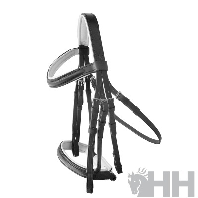 Freio de cavalo em couro preto com almofadado branco e fivelas prateadas