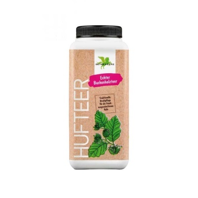 Frasco de produto com etiqueta castanha, texto em alemão e ilustração de folhas verdes