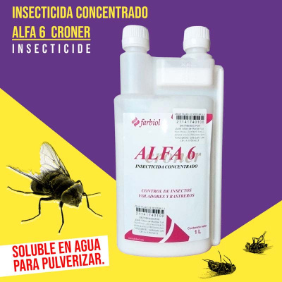 Frasco branco de insecticida concentrado Alfa 6r farbiol com textos e insetos no fundo