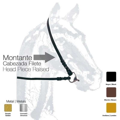 Cabresto de couro preto para cavalo com detalhes metálicos em dourado ou cromado