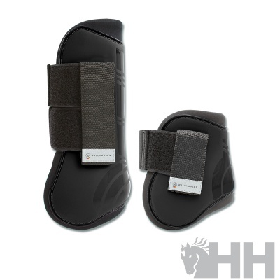 Conjunto proteção equitação preto com tiras de velcro e etiquetas HH
