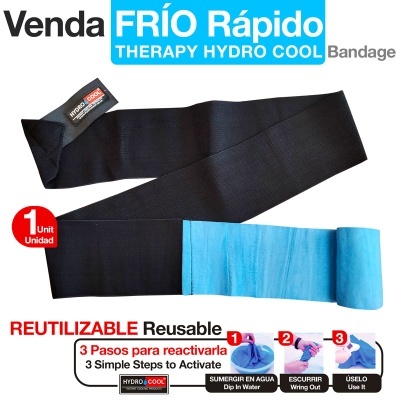 Bandagem terapêutica FRÍO Rápido THERAPY HYDRO COOL reutilizável preta com interior azul e instruções