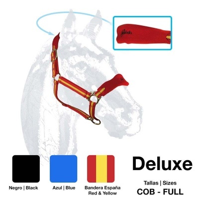Cabresto vermelho e amarelo para cavalo com fechos dourados, disponível em várias cores e tamanhos