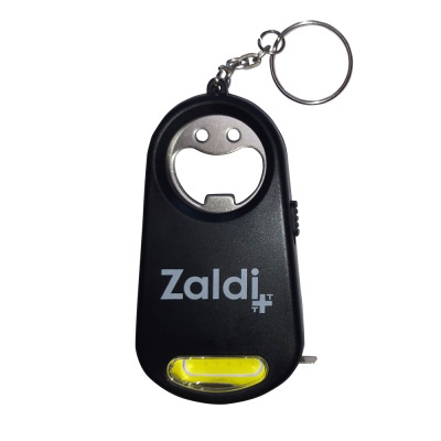 Chaveiro abridor de garrafas preto com texto Zaldi e luz LED amarela
