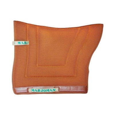 Almofada para sela de cavalo laranja com bordas em couro castanho e etiquetas MARJOMAN