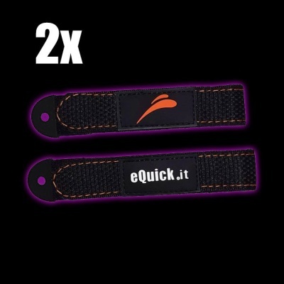 Duas fitas de velcro pretas com costuras laranja e texto 'eQuick.it'
