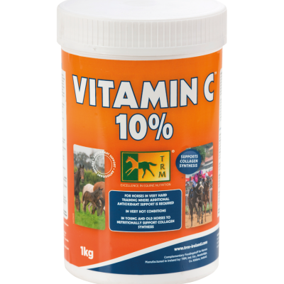 Frasco de vitamina C 10% para cavalos com rótulo laranja, azul e branco