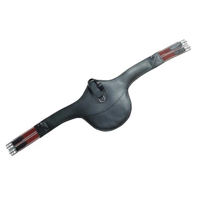 Cilha preta para cavalo com fivelas metálicas e detalhes vermelhos