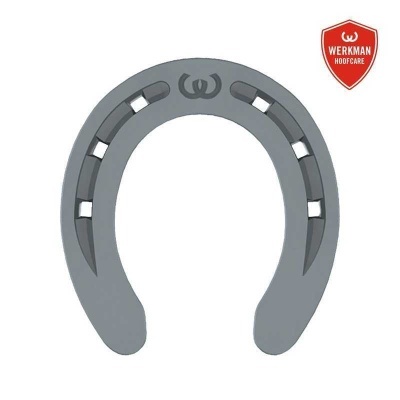 Ferradura cinzenta com detalhes brancos e logotipo W, junto a escudo vermelho com texto WERKMAN HOOFCARE