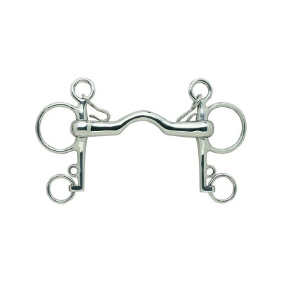 Freio de cavalo metálico prateado com bocal curvo e argolas