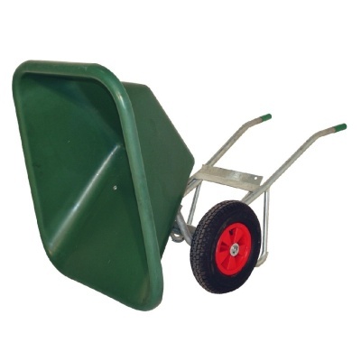 Carrinho de mão metálico verde com rodas vermelhas e punhos verdes