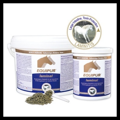 Suplemento Equipur Laminal para cavalos em dois recipientes com pellets e medidor