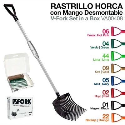 Rastrillo horca preto com mango desmontável e embalagem branca V-FORK