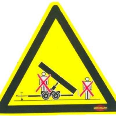 Sinal de aviso triangular amarelo com imagens de figuras humanas riscadas e máquina