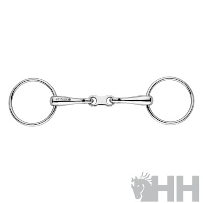 Pala de bocado dupla articulação em metal prateado com argolas circulares