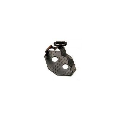 Peça metálica preta com dois orifícios e encaixe