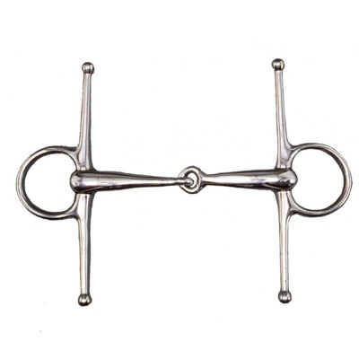 Freio de metal prateado com duas argolas e barra central em fundo branco