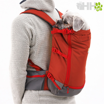 Mochila vermelha e cinza com cão pequeno dentro