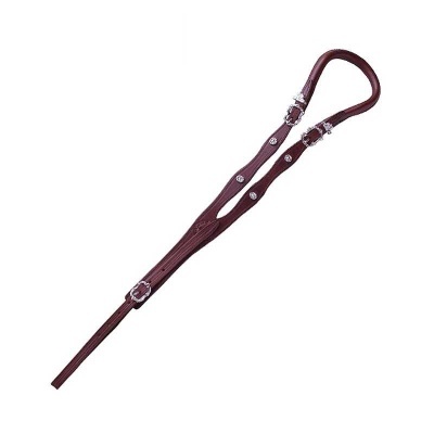 Cabeçada para cavalo em couro castanho com fivelas metálicas prateadas